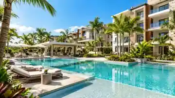 Área de piscina y amenidades de residencial moderno en Punta Cana