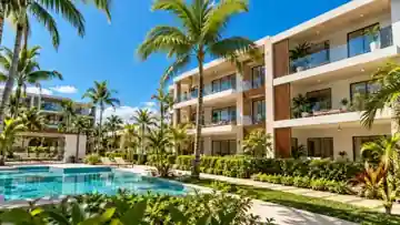 Complejo residencial moderno en Punta Cana con apartamentos, piscina y jardines tropicales